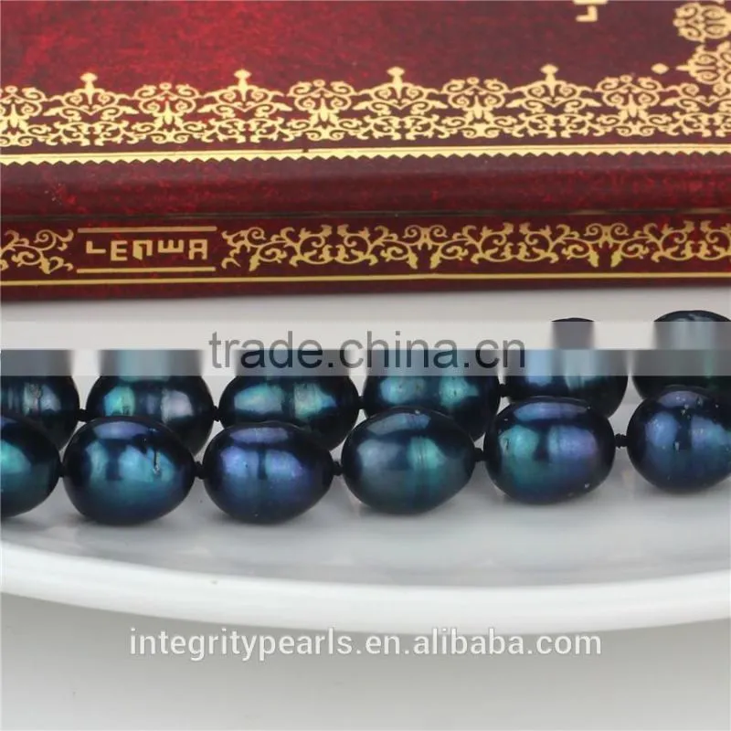 Fashion freshwater pearl necklace 11-12mm peacock blue long rice pearl necklace