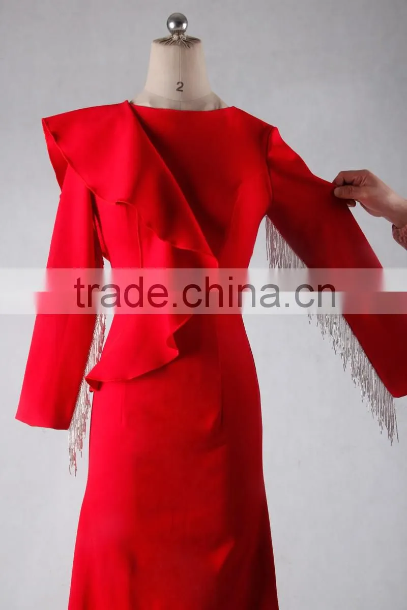 J--00103 red long sleeve muslim evening dress customized tassles o neck evening gown