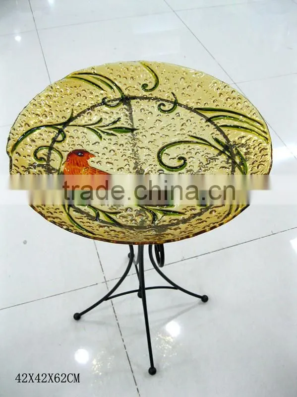 hand painted glass birdbath with metal stand, garden bird bath, bird feeder tray