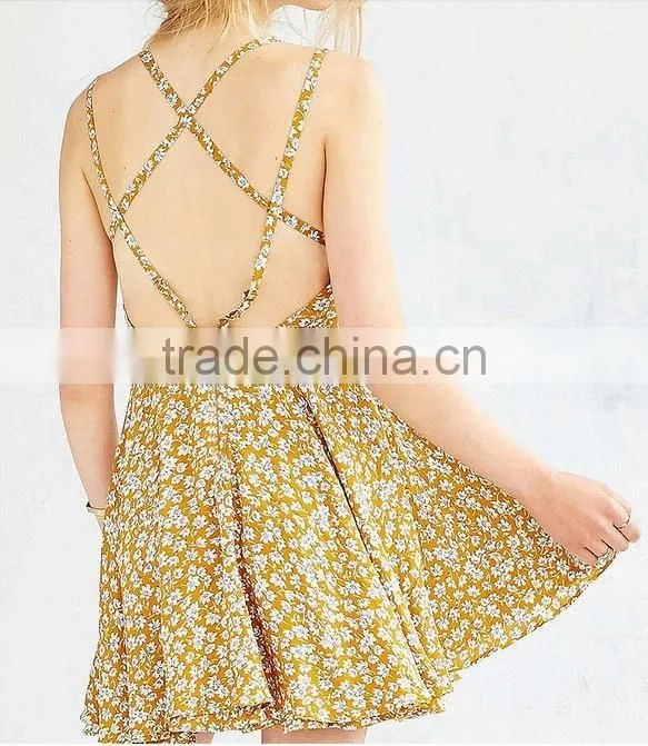 2017 Girls Spaghetti Strap summer dress women ladies sexy backless flower printed chiffon dress