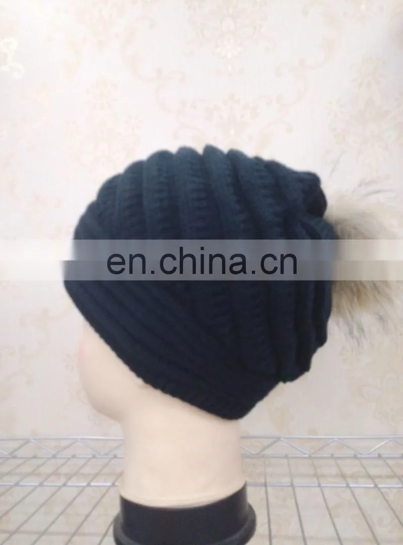 New Style Fashion Wool Knitted With Raccoon Fur Pompom Beanie Hat
