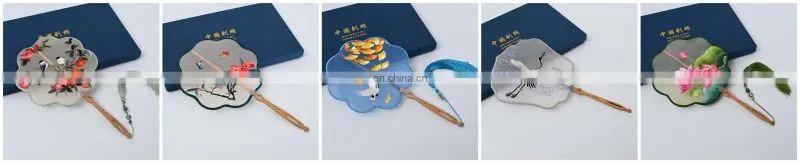 Chinese style multi-pattern silk embroidery handmade fan with wooden handle and tassel pendant