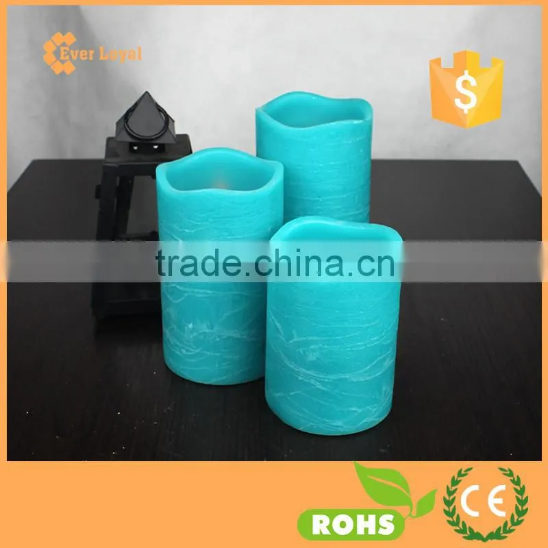Flickering Flame LED Wax Candles Light Rustic Pillar Candle Set With Special Peacock Blue
