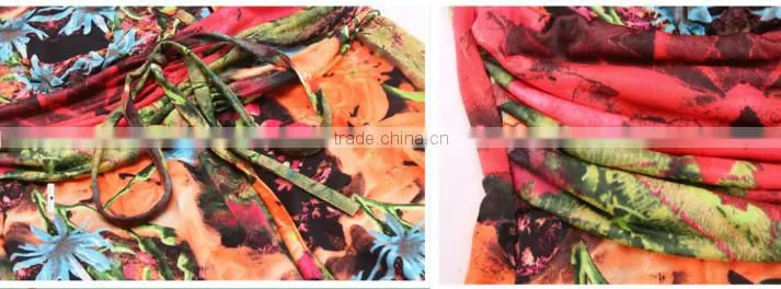 V Neck Flower Printed Fabric Patterns Lady Dress