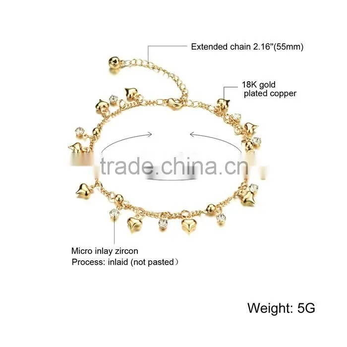 2016 latest style stainless steel love&crystal gold anklet designs
