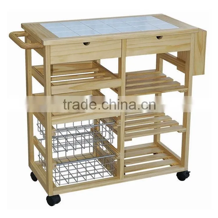 Bamboo Kitchen Serving Trolley Service Cart with Food Keeping Drawers and Casters Wheels for Sale
