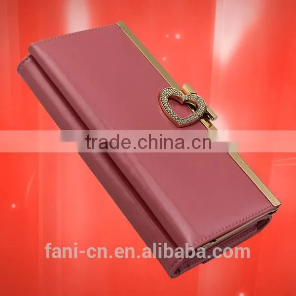 Fashion heart shape metal with diamond design long clutch leather wallet and purse for ladies