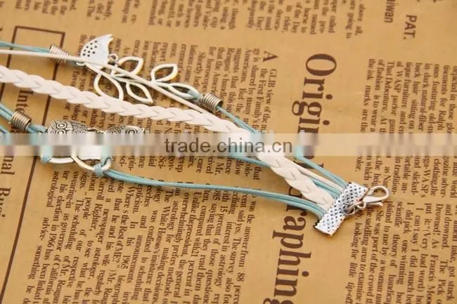 Fashion Vintage Leaf bird Infinity Cross Owl leather bracelet Multilayer leather bracelet
