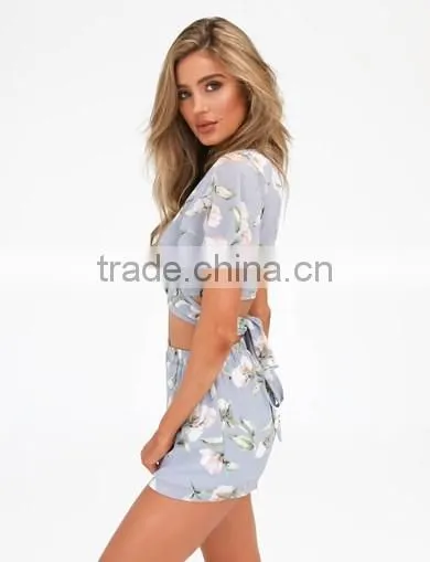 2016 Fashionable Floral Printed Bandage Crop Top And Shorts Sets