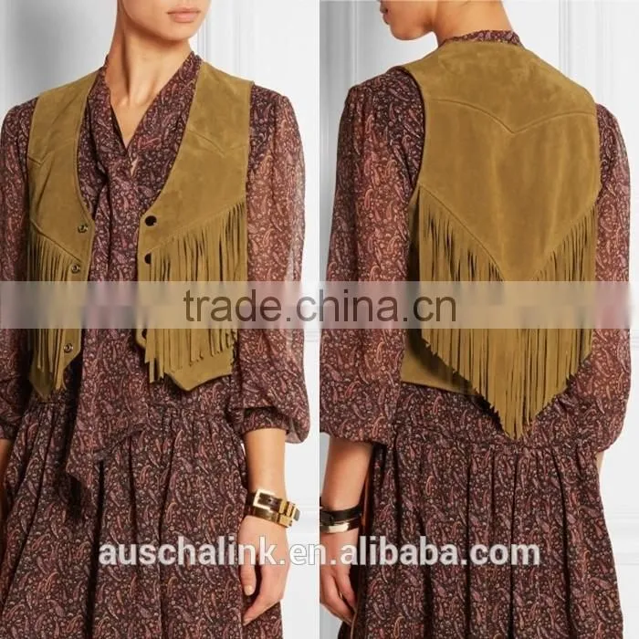 high quality women sweet brown slim fit fringe suede vest