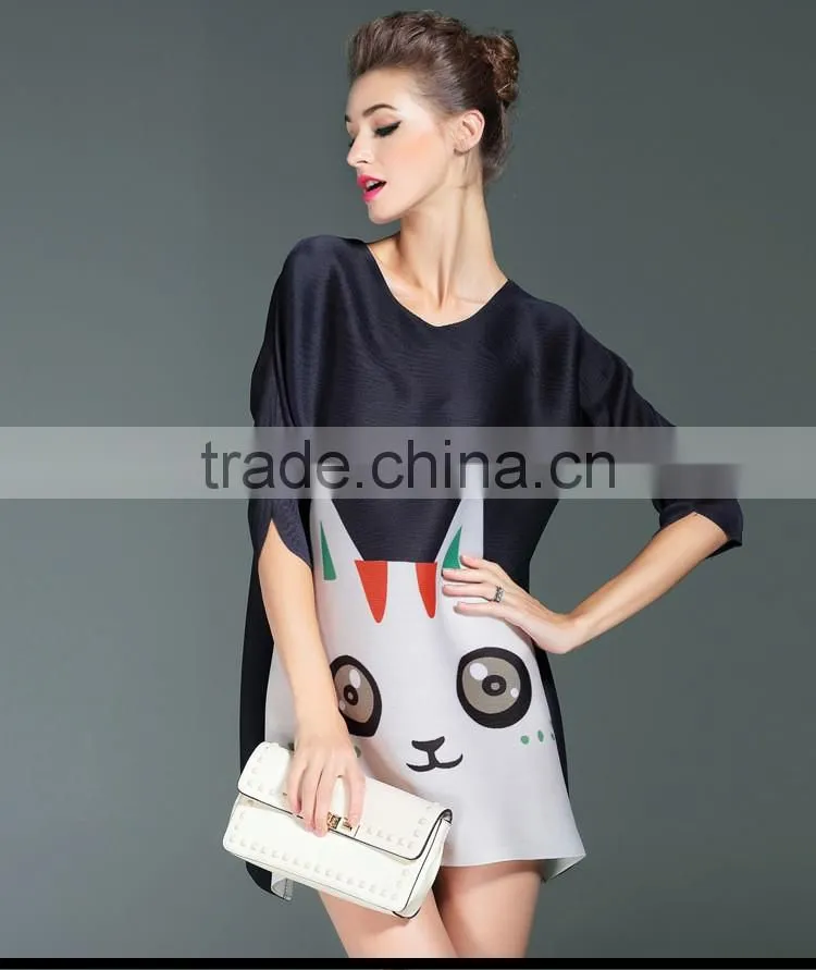 Lovely cat print women loose custom design casual dress