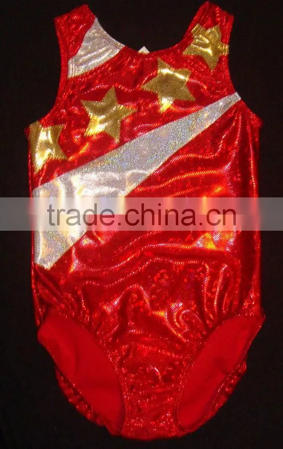 Gymnastics shiny leotard Red shattered glass with gold stars and silver slashes