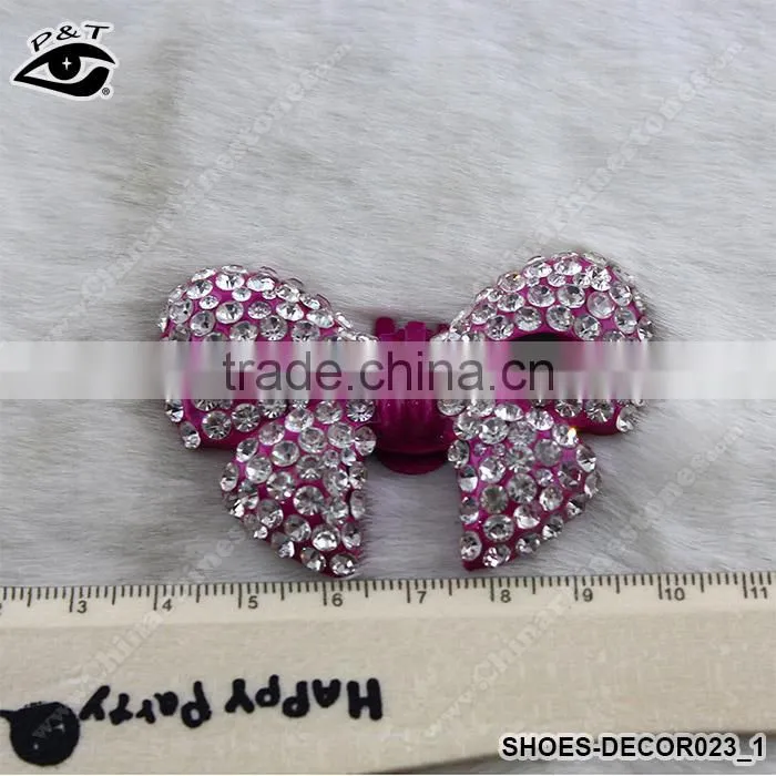 Shoe accessories pink bow tie shape rhinestone shoe ornament handmade rhinestone clips for lady shoes