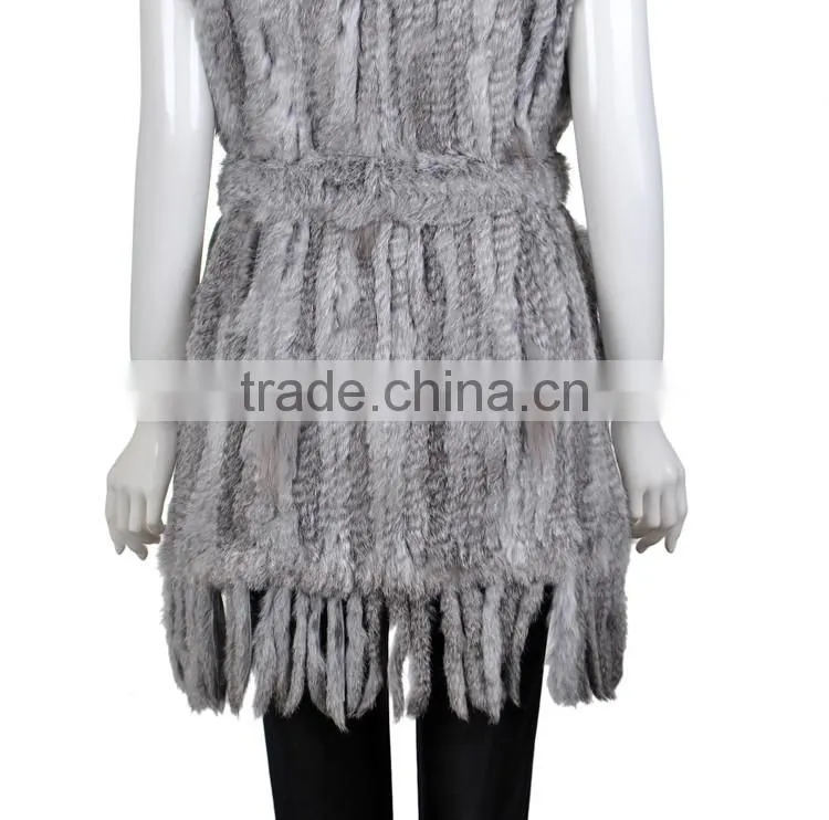 Yanran Fur Factory YR250 Fashion Woman Fur Gilet with Tassels Knit Real Rabbit Raccoon Fur Vest