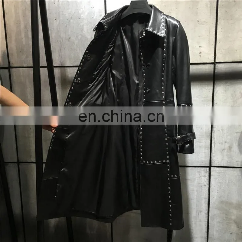 Women Fashion Long Black Rivet Real Leather Coat Leather Trench Coat