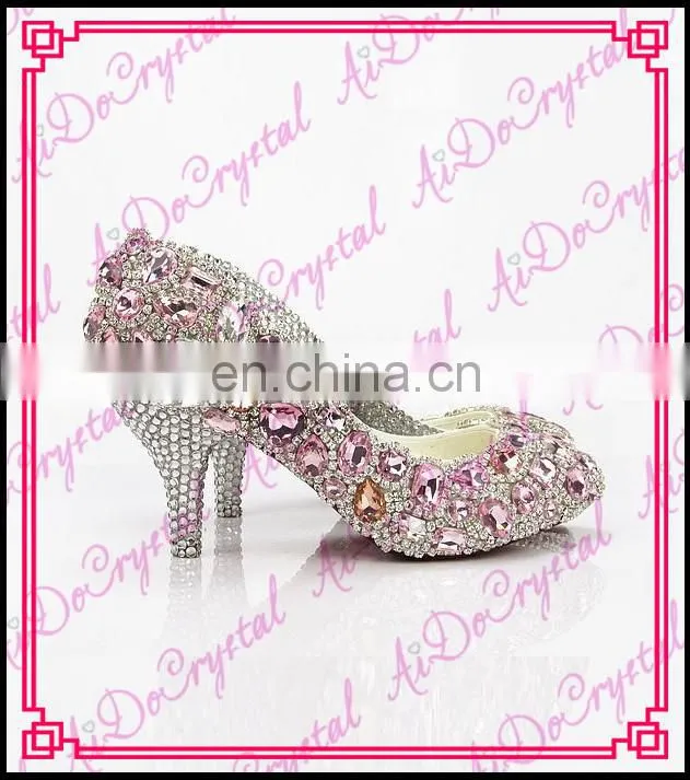 Aidocrystal 2016 Fashion Pink and White Rhinestone low heel Dress Shoes women Pumps comfort ladies wedding shoes