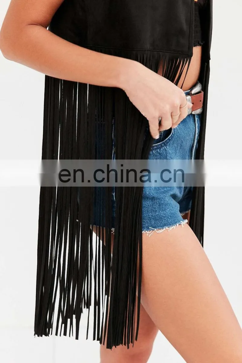 2016 New Design Fashion woman leather Chella Fringe Vests for women, Black color