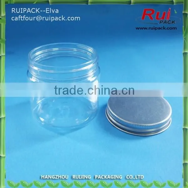 PET cream jar with aluminum cap, PET jar for candy container, plastic jar