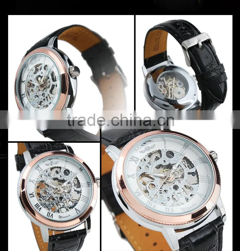 ESS Men's Black Leather Rose Golden Case Skeleton Hand-Wind Up Mechanical Watch WM203