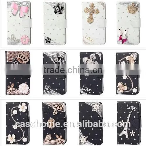 New Fashion Bling Crystal Diamonds Pearls PU leather flip stand wallet case cover for iphone6s