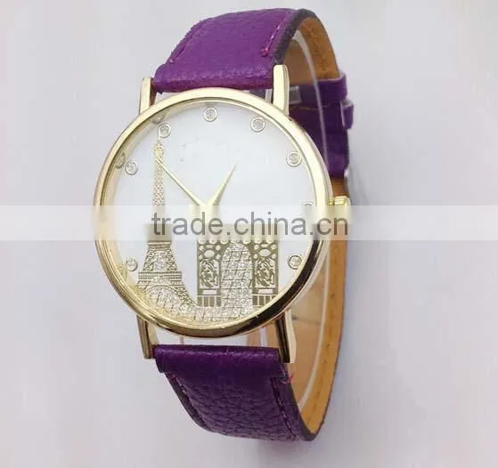 High quality Leather watch Women's Eiffel Tower Printed Dial Faux Leather Analog Quartz Wrist Watch