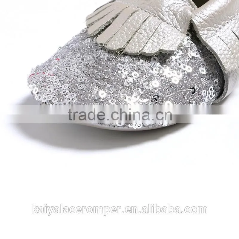 Silver Sequin Charcoal Fringe Baby Leather Moccasins,Toddler Leather Baby Shoes