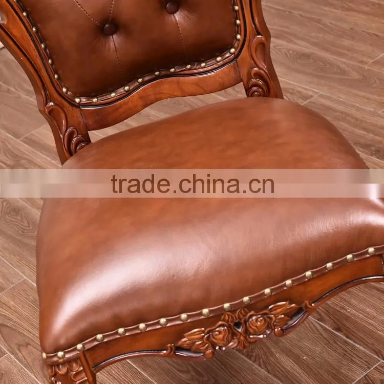 Exquisite European carving rubber wood genuine leather dining chair in brown