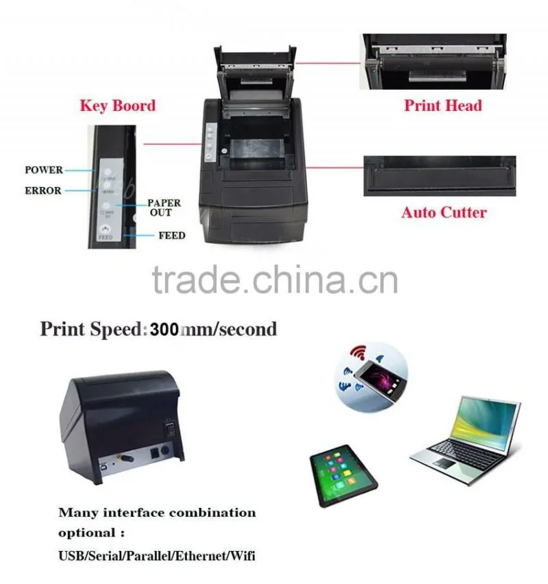 80mm thermal receipt printer with auto-cutter/Serial+USB+Ethernet thermal pos printer