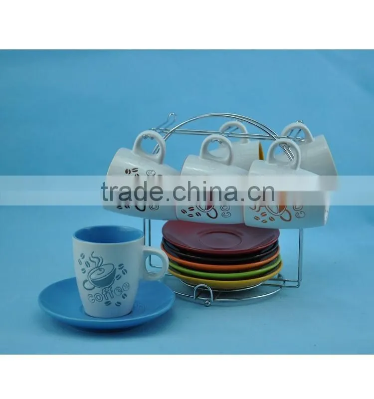 220cc in color box silk screen printed color mixed ceramic tea cup and saucer holder