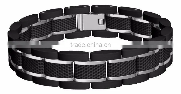 Fashion Men's stainless steel & carbon fiber Polished Bracelet Wholesale
