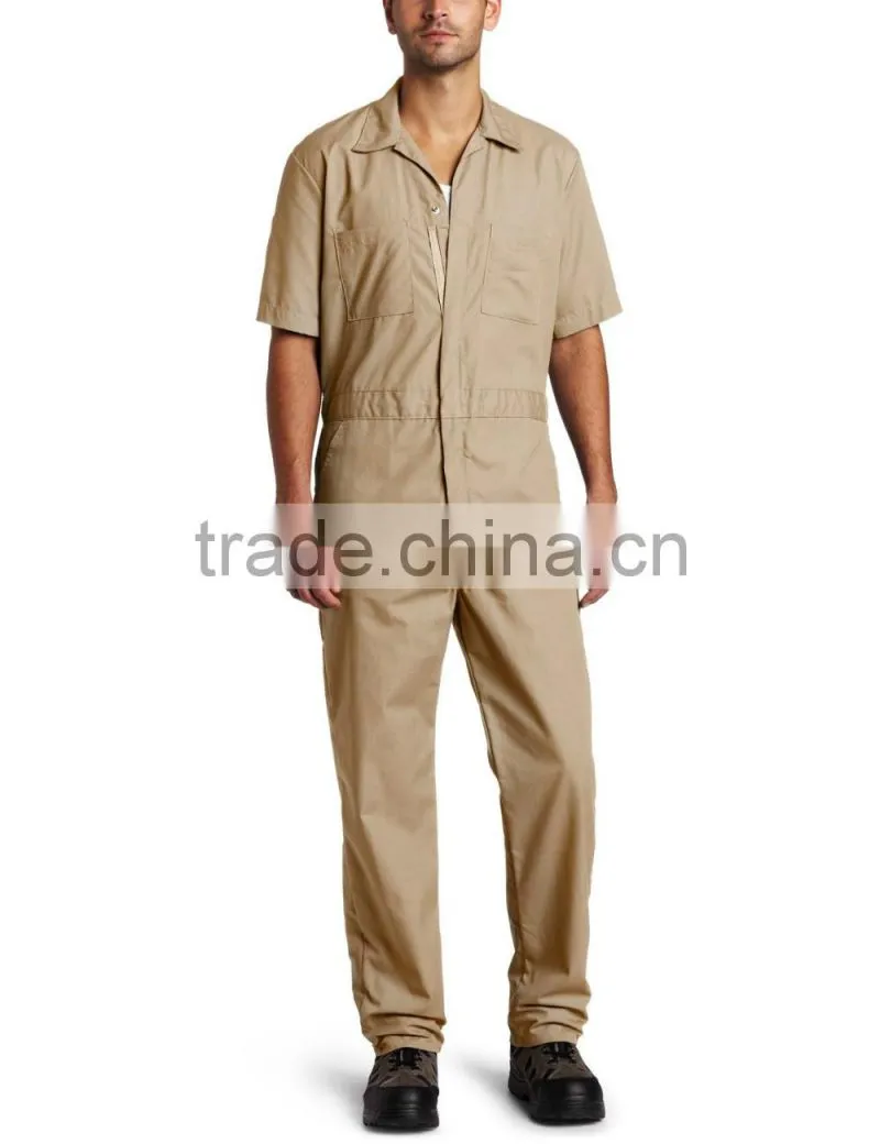 China supplier 60% cotton 40% polyester poplin fire retardant Large back pockets Men's Short Sleeve khaki Coverall