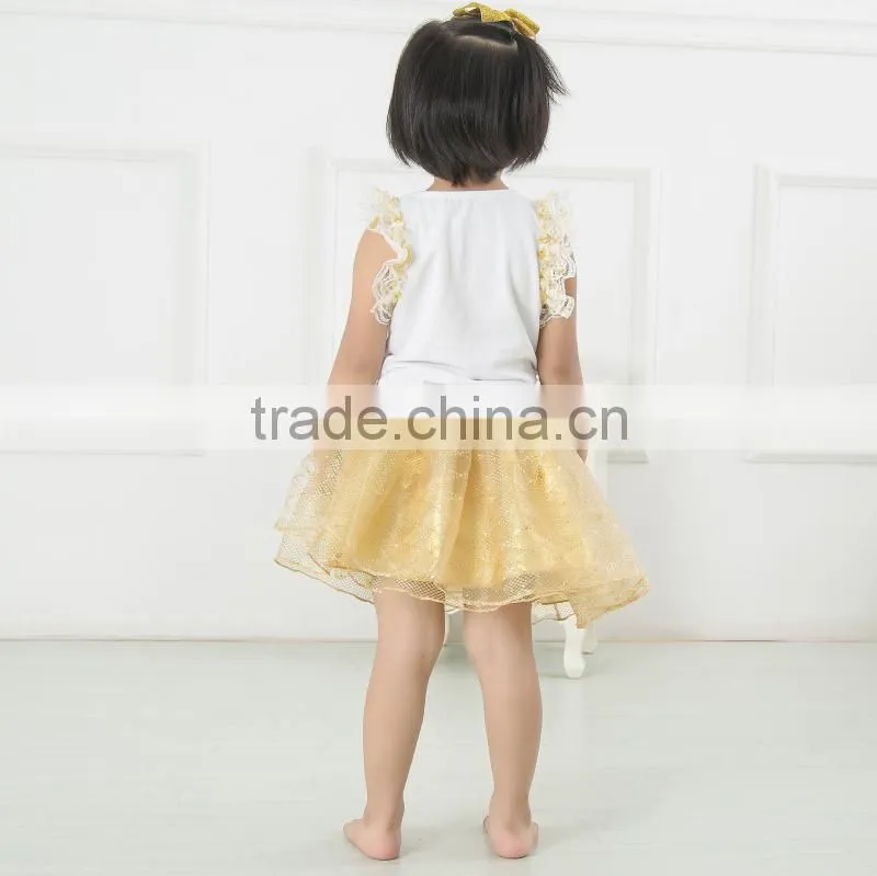 Best selling gold baby dress pictures,girl dresses with bow,children summer flow wholesale lace baby dress