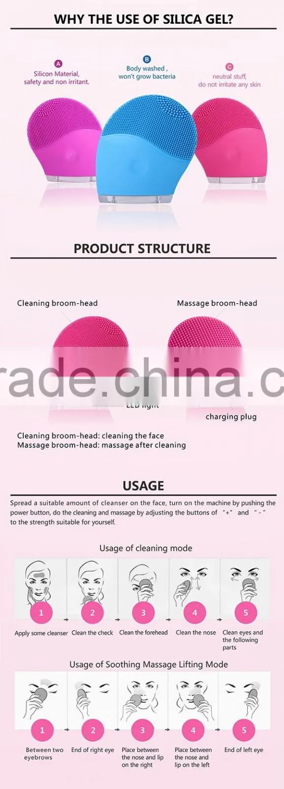 Travel use good quality silicone sonic vibration soft brush by women and man with CE certification