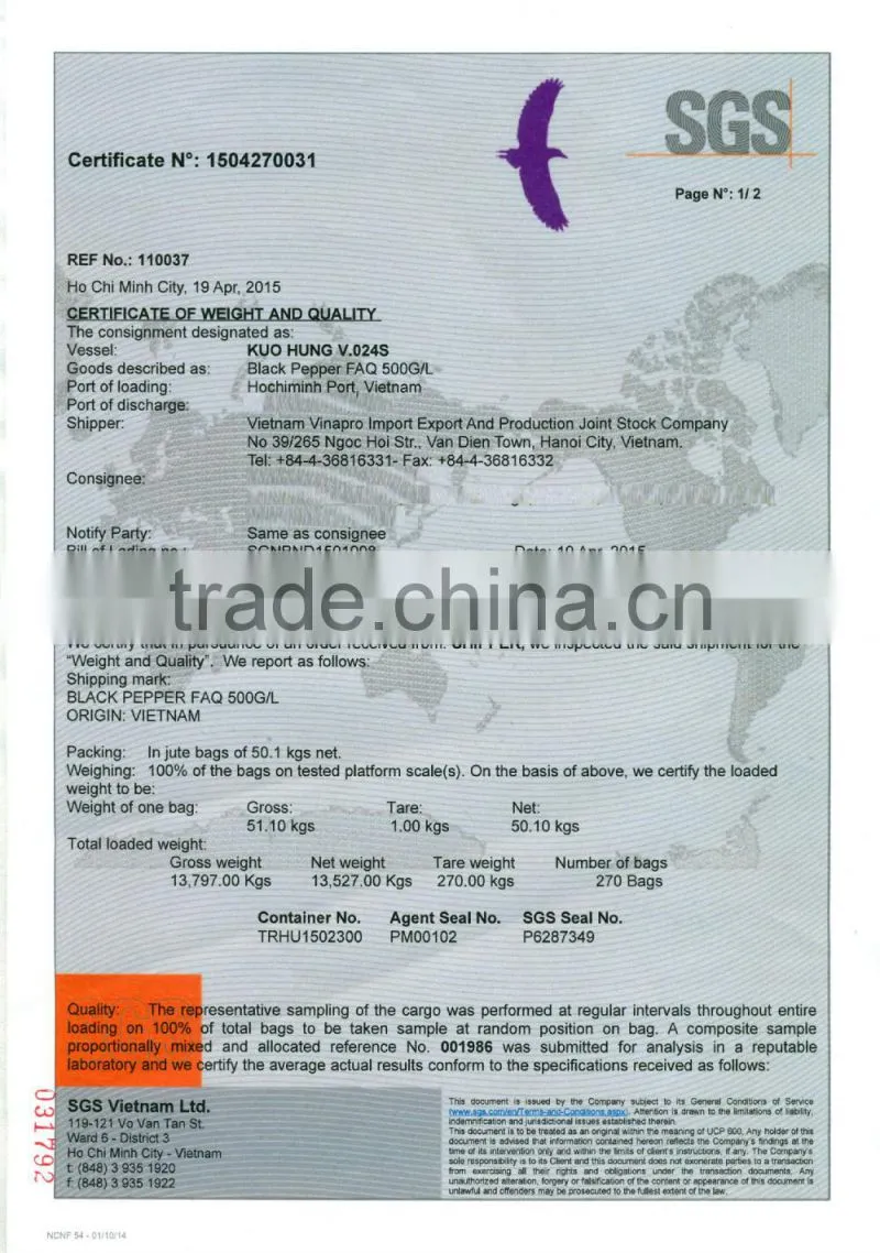 VIETNAM CLEAN BLACK PEPPER 550 G/L, 550 G/L