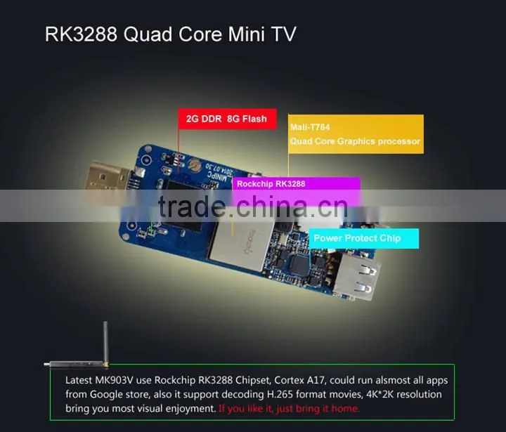 MK903V RK3288 Quad-Core Android4.4 Mini PC H.265 4K 2G/8G WiFi HDMI2.0 Bluetooth TV Stick Dongle