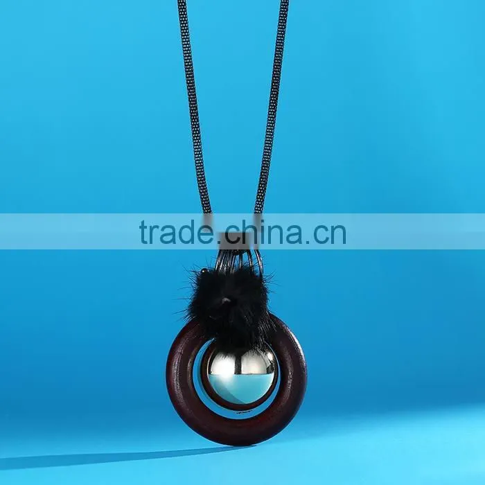 silver ball wood hoop pompon pendant necklace Korea retro long sweater necklace autumn geometric necklace