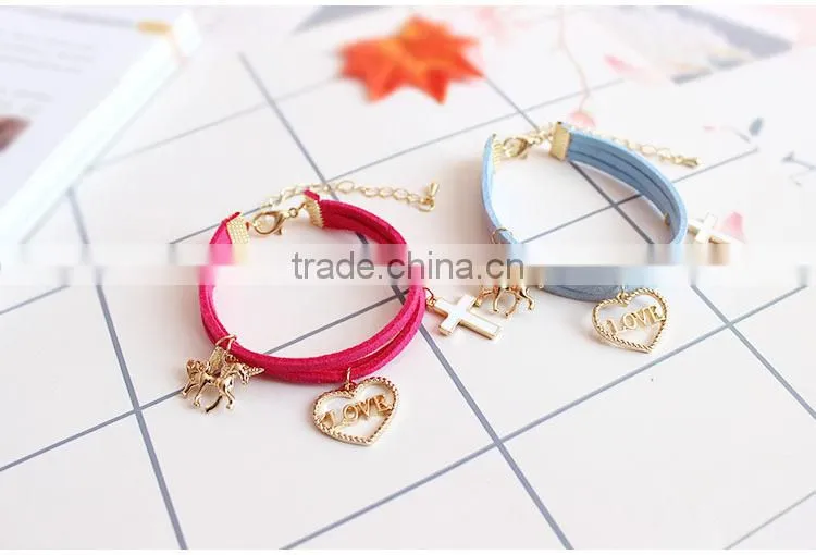 gold love heart cross horse feather charms sude leather bracelet multi layer velvet leather bracelet