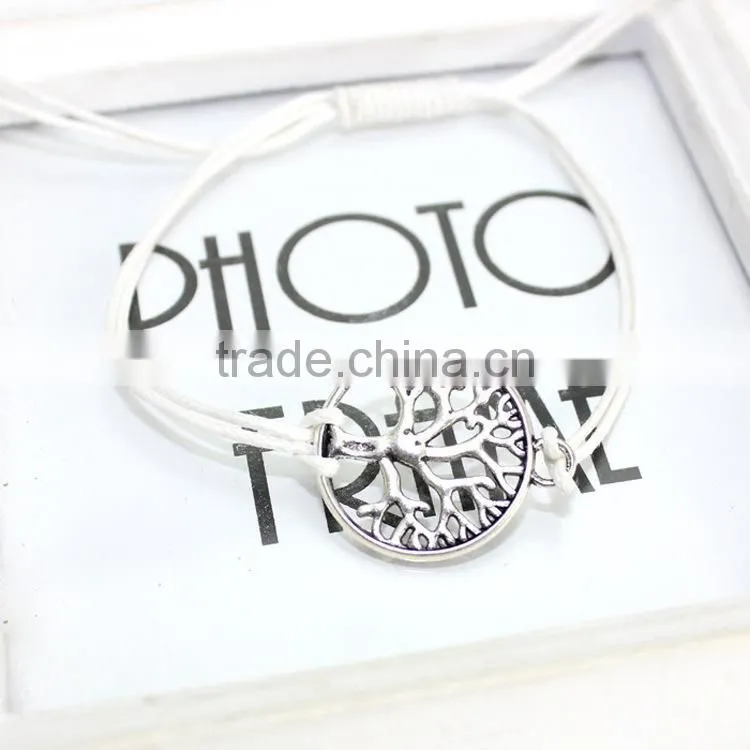 antique silver hollow tree of life charm bracelet customized charm wax cord bracelet cheap personalzied bracelet for promotion