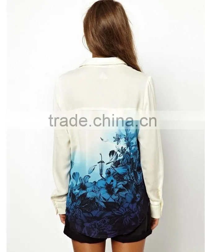New women fashion Blue Floral Pattern Turn down Collar Chiffon summer Blouses Ladies fashion blouse shirts