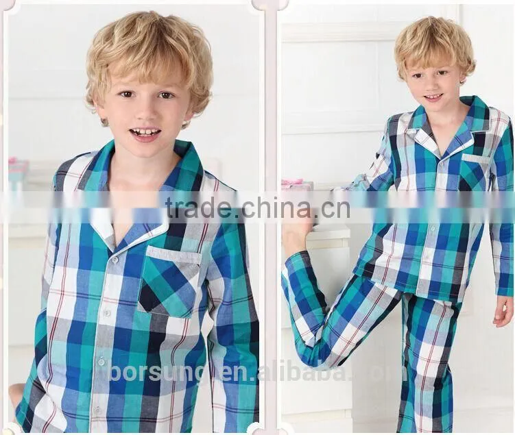 2015 top fashion 100% cotton home Lattice sleepwear spring summer long sleeve Turn-down Collar kids pajamas