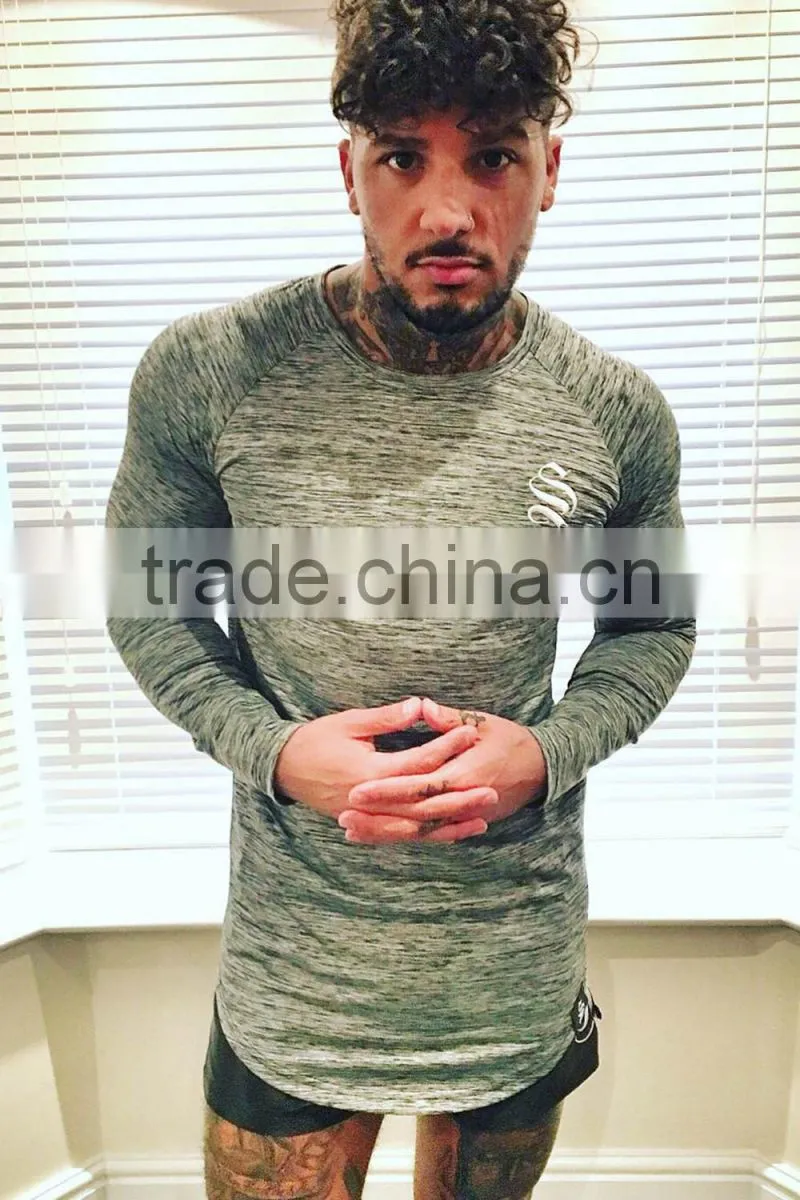tight fitted spandex long sleeve t shirts, gym slim fit tri blend t-shirt with custom embroidery logo