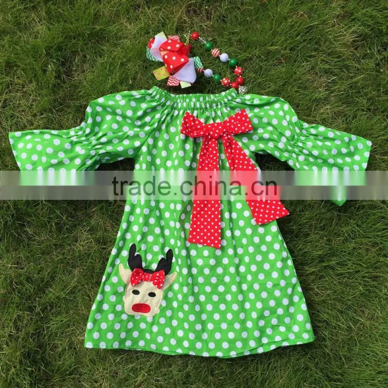 baby girls Christmas dress green dot reindeer dress girls Christmas boutique dress girls xmas peasant dress