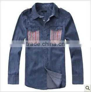new men's long sleeve denim shirts with two pockets and scapular