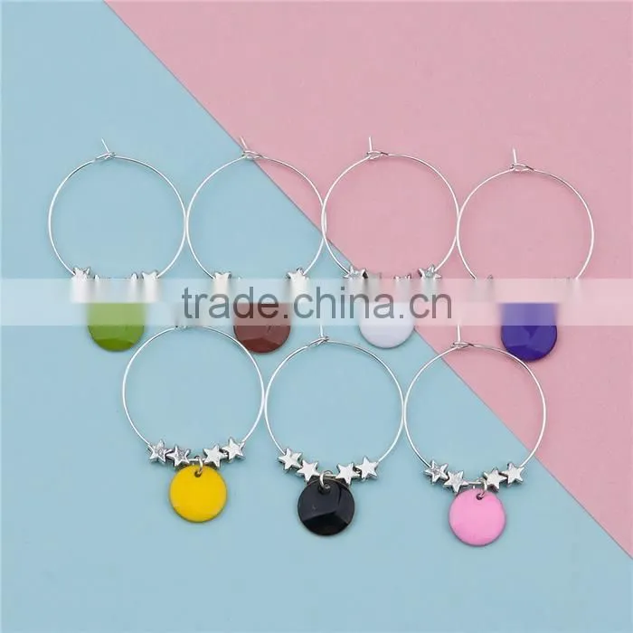 Wholesale Enamel Round Pentagram Star Copper Enamelled Sequins Hoop Wine Glass Charms