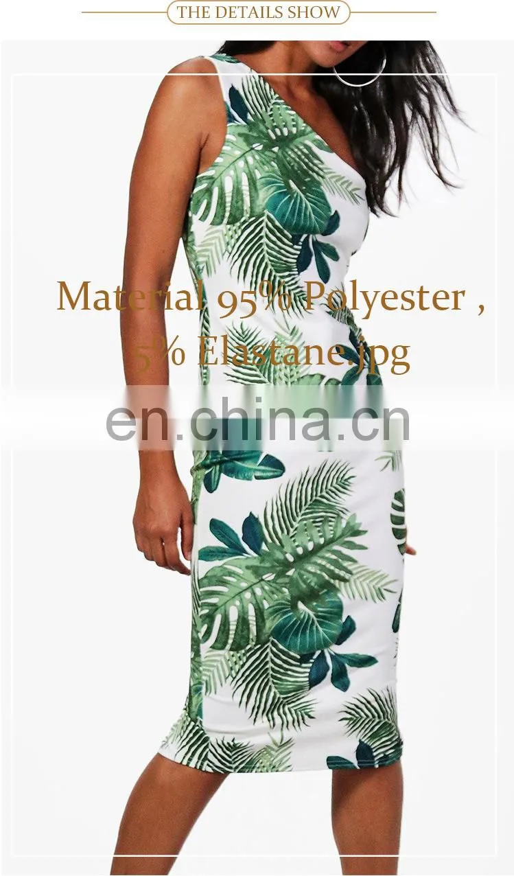 custom high quality Tropical Print One Shoulder Bodycon women Midi Dress