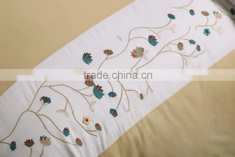 Classic golden 100% cotton hotel bedlinen flower embroidery bed sheet set 500TC wholesale bedding set