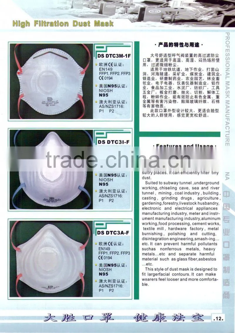 high filtration dust masks with exhalation valve N95