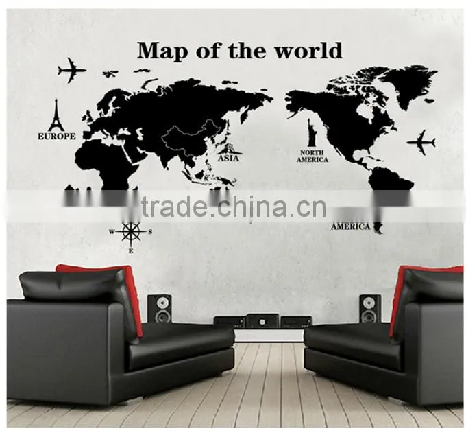 ALFOREVER Black pvc removable wallmap wall sticker,wallmap wall decals