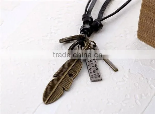 Factory wholesale vintage genuine leather cord necklace with leaf pendant