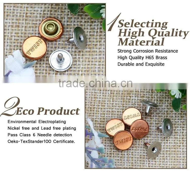 Shiny copper custom logo metal button jeans rivet for denim